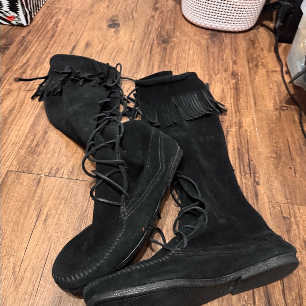Minnetonka Black Suede Fringe Knee-High Boots
